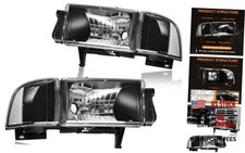 Headlight Assembly for 1994-2001 Dodge Ram 1500 Black Housing Clear Reflector