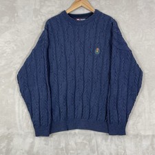 Vtg USA Ralph Lauren Cable Knit Sweater Men XL Crest Fisherman Preppy Blue Chaps