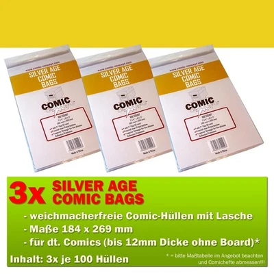 300x Comic Concept Silver Age Comic Bags Hüllen m. Lasche 184 x 269 mm