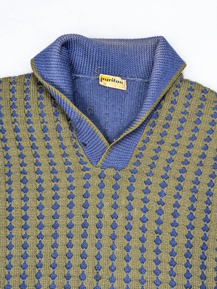 PURITAN De Colección Años 50 60 Verde Azul Diamante Tejido Chal SUÉTER Parche Codo Para Hombre S Foto 3 de 4