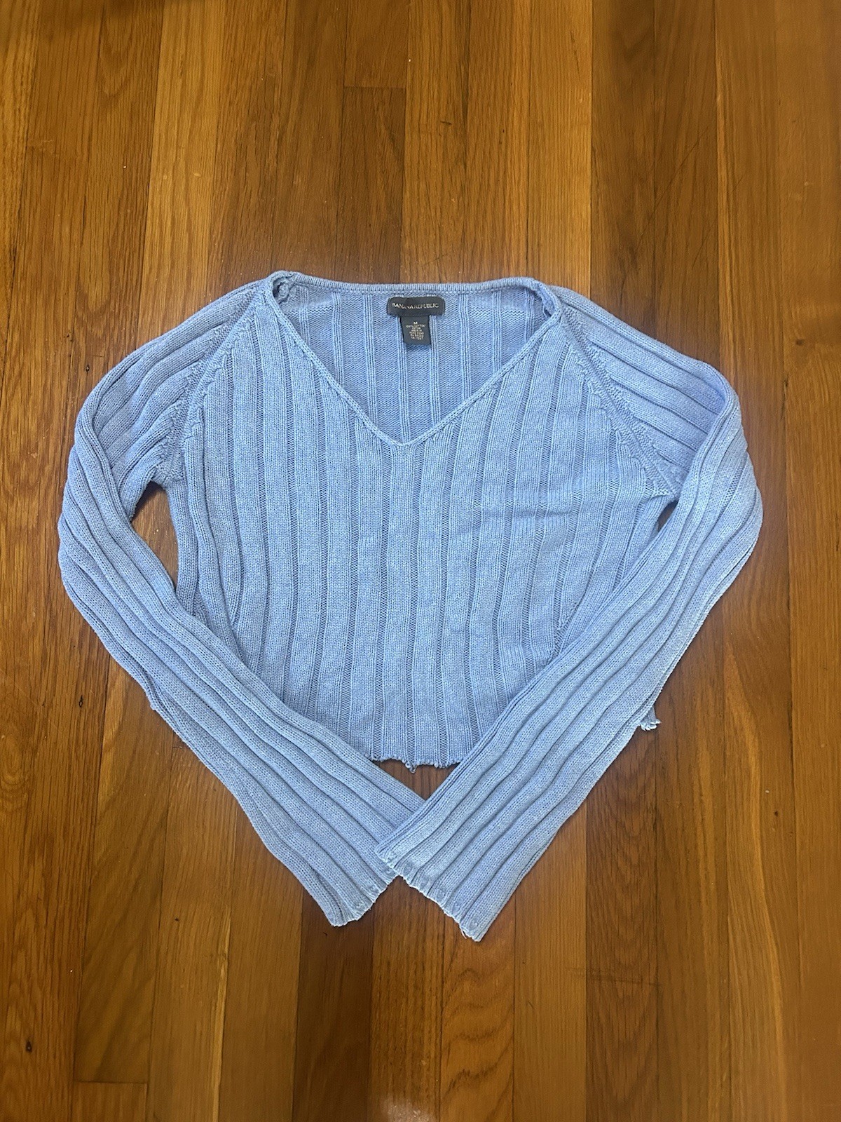 Vintage 90s Banana Republic Sky Blue Cropped V-Neck Ribbed Knit Sweater
