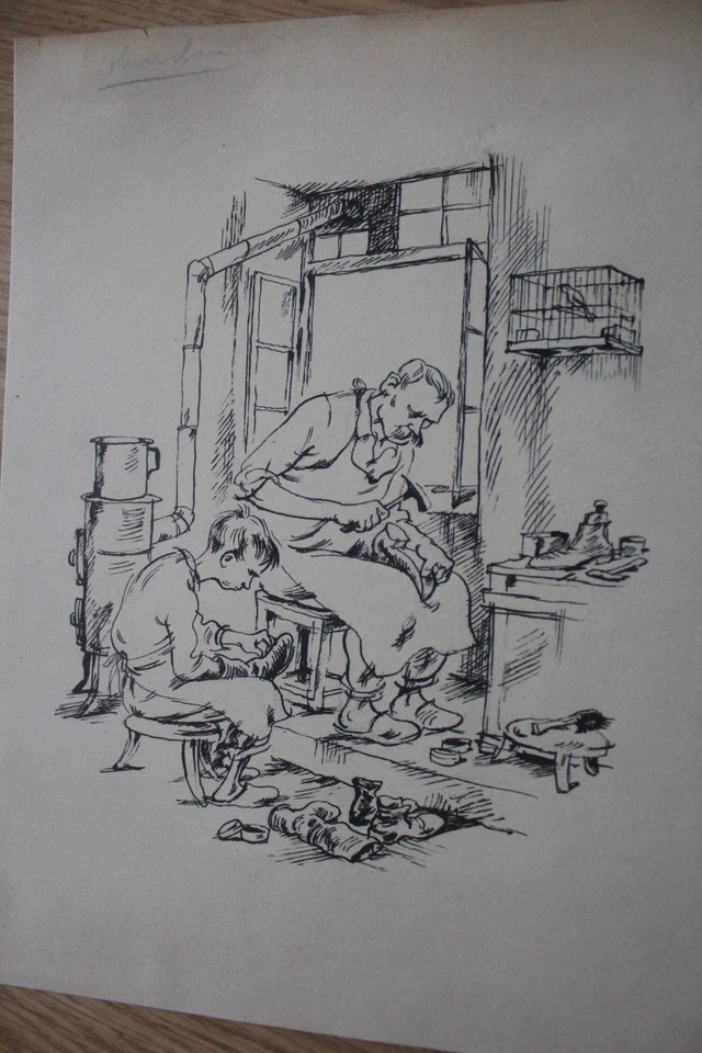 50er Jahre? Meisterhafte Zeichnungen: Schuster, Schmied - 18x24 cm