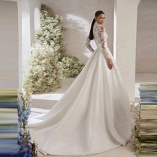 Classic Boho ALine WeddingDress Woman's Long Sleeve Appliques Satin Formal Bride