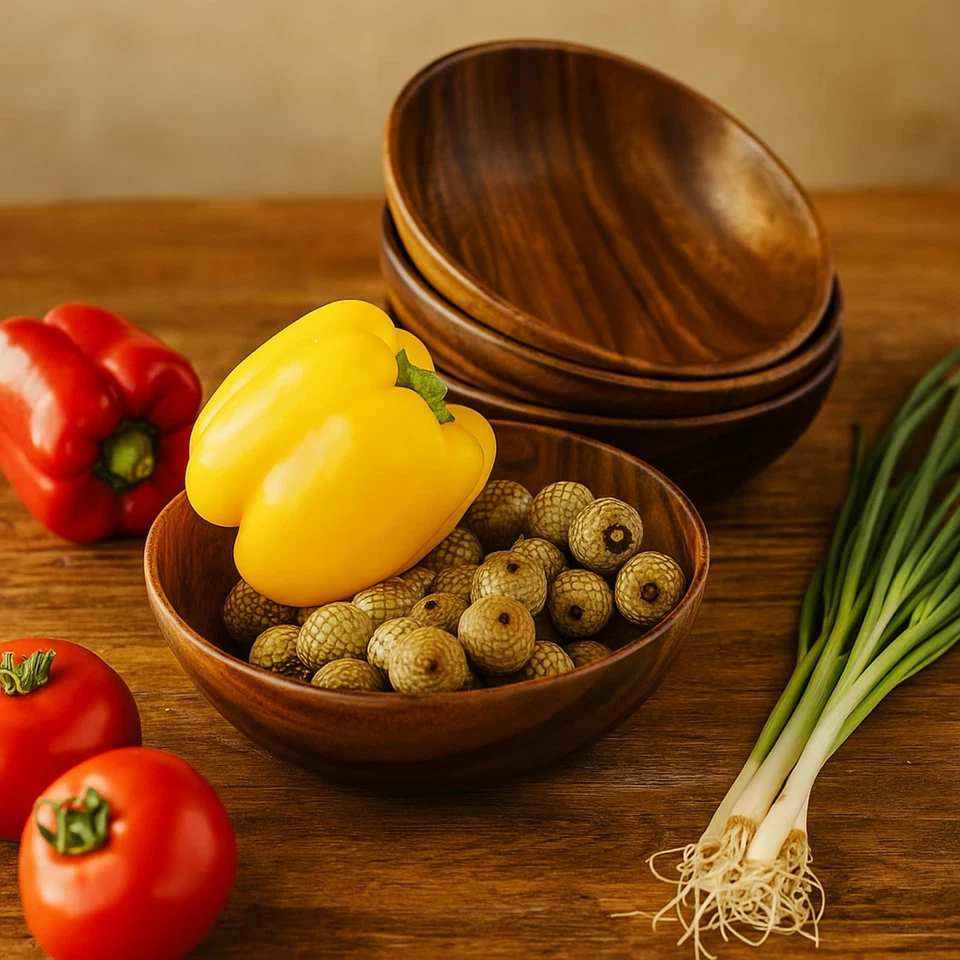 Wooden Bowls – Set of 4 Acacia Wood 7” Salad Bowl for Snacks, Fruit & Sides, ... - Image 2 of 4