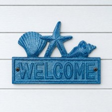 Coastal Welcome Wall Sign, Blue Cast Iron with Seashells, 7.9"
