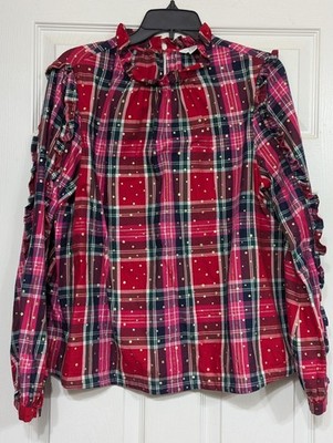 Crown & Ivy Top Womens Large Christmas Holiday Plaid Ruffle Trim Glitter Cotton