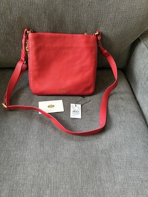 Fossil Preston Pebble Leather Zip Expandable Crossbody Shoulder Bag Purse Red