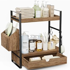 2 Tier Bathroom Counter Organizer Wooden Vanity Shelf With Storage Drawer And...