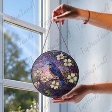 Blue Bird Suncatcher, Stained Glass Flower Branch Window Decor Gift