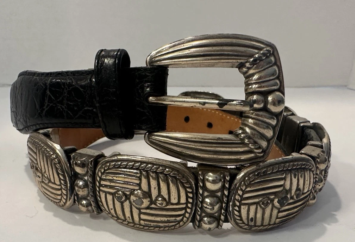 Vintage 1990s Brighton Croc Embossed Leather Silver Concho Belt Sz Medium 41809 Brighton Women main image 4