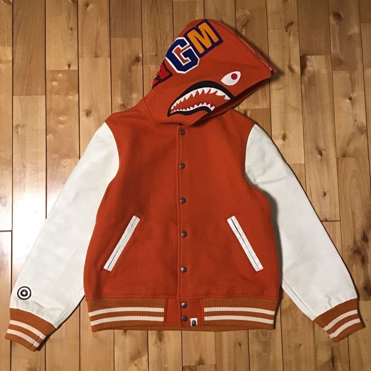 sleeve leather shark hoodie varsity jacket M size a bathing ape 