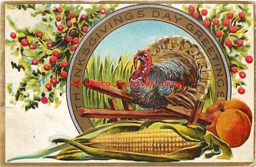 Acción de Gracias, Florence Bamberger No 3-1, pavo en cerca sobre maíz grande - Imagen 1 de 2
