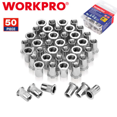 WORKPRO 50PC Rivet Nuts 1/4''-20 Flat Head Threaded Insert Stainless Steel Rivnut