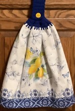 Double White hanging kitchen towel lemons flowers crocheted blue top