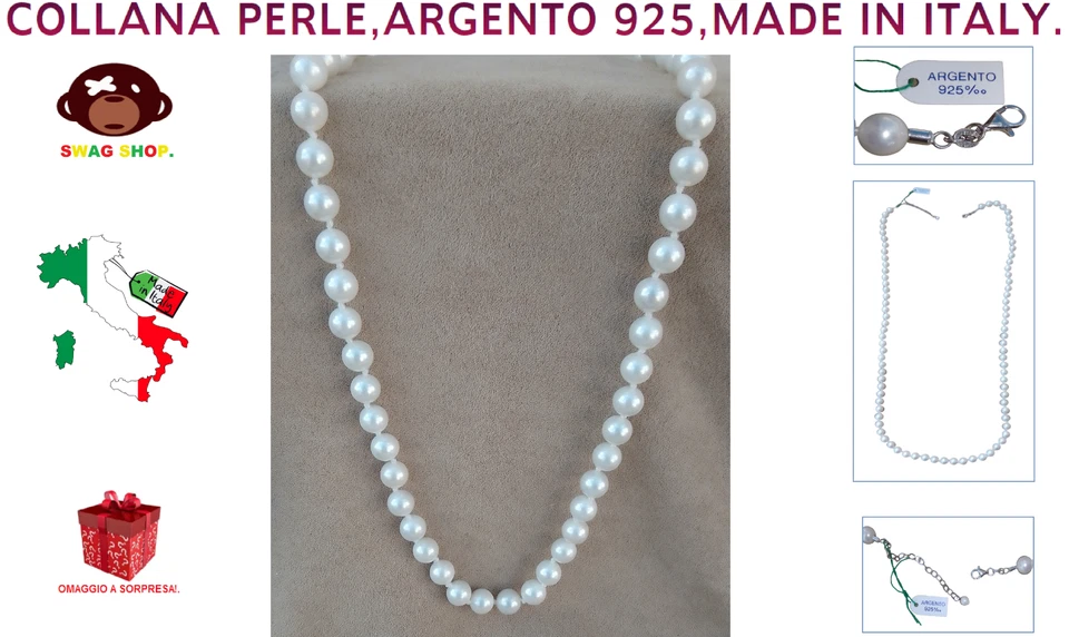 Collana Argento 925 Perle d'acqua dolce collier girocollo perla pearl necklace - Immagine 2 di 4