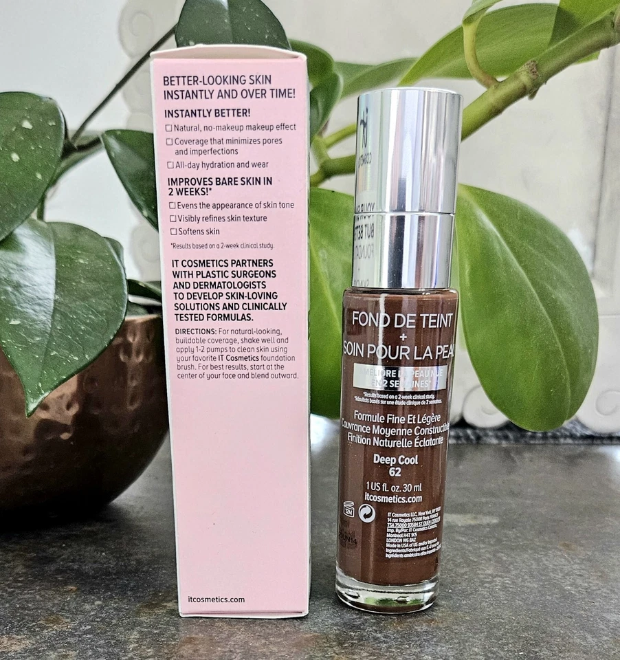 2 Bottles It Cosmetics Your Skin But Better Foundation Skincare Deep Cool 62 NEW - Image 2 of 3
