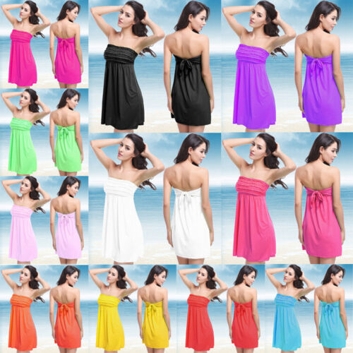 Summer Ladies Maxi Skirt Women Beach Bandeau Strapless Shirred Dress Beachwear - Picture 1 of 23