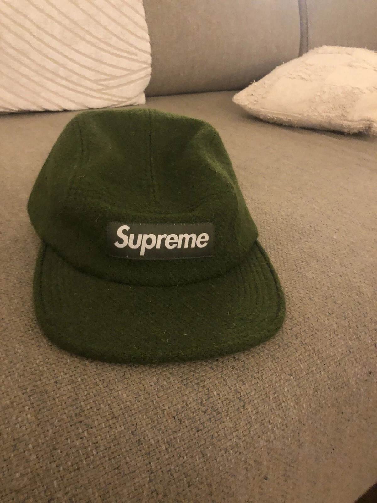 Casquette de camp Supreme laine verte sergé tweed 5 panneaux chapeau USA