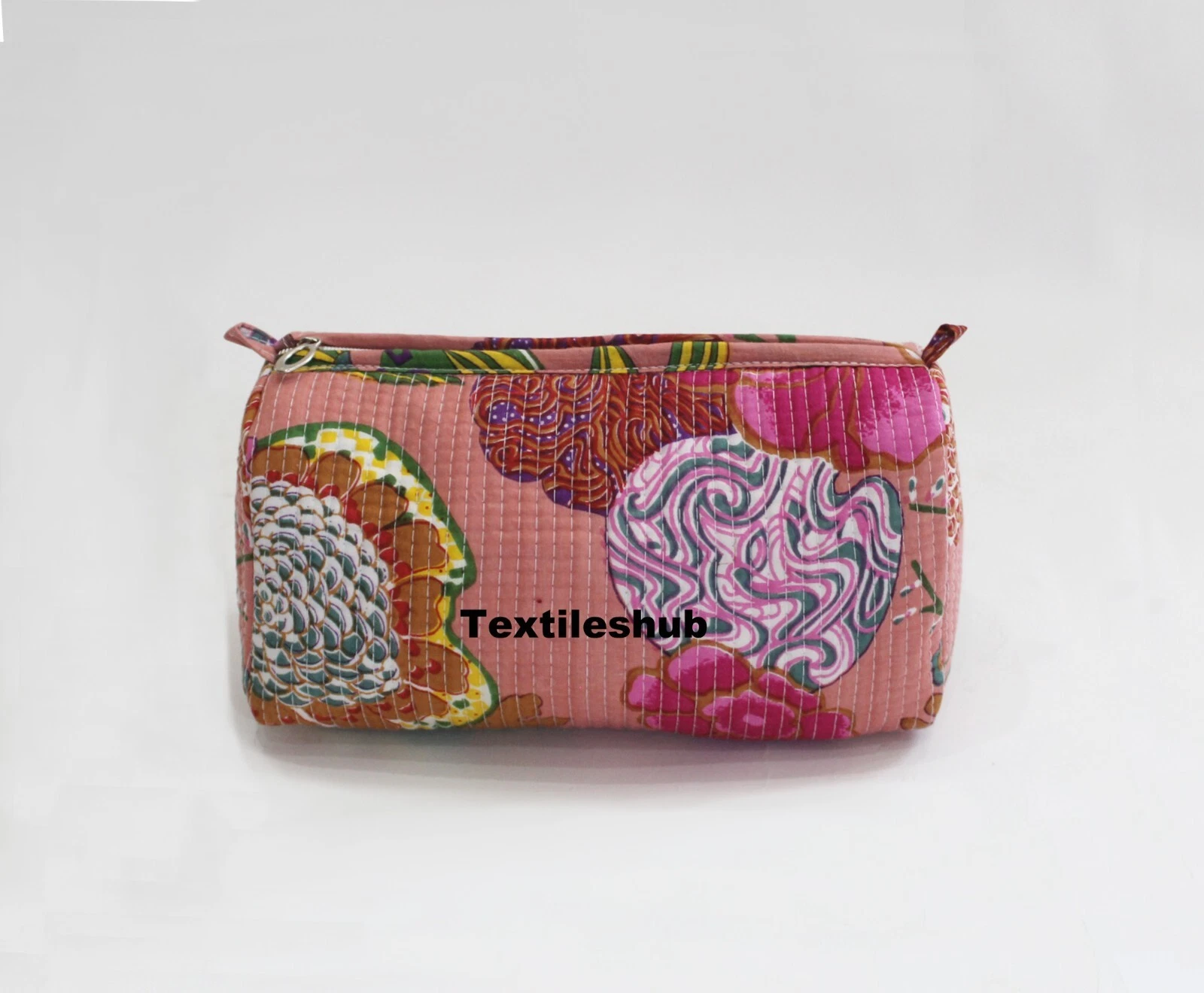 Indian Peach Fruit Cotton Quilt Toiletry Purse Cosmetic Storage Bag Of 3 Pc Sets