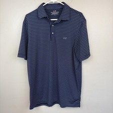 Vineyard Vines Polo Shirt Mens Large Blue Striped Performance Golf Tech Stretch