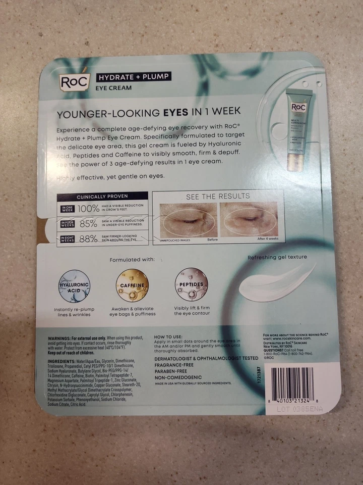 Crema de ojos RoC hidratada y regordeta 0,6 oz paquete de 3 ¡nueva! Foto 3 de 4