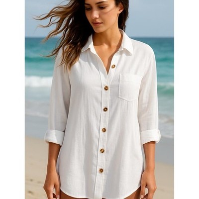 True Destinations Women's White Swim Coverup Shirt Lightweight Button-Up Size L
