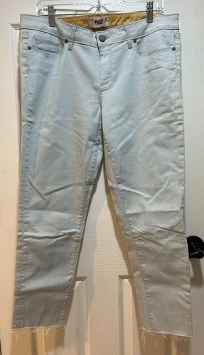 PAIGE Kylie Crop Jeans Size 32 Blue Raw Hem Stretch Denim Light Faded Blue