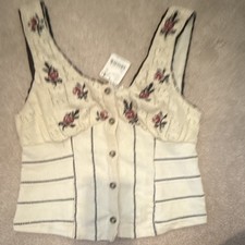 Women’s Floral Cotton Corset Top, Button Front, Beige, Size XS
