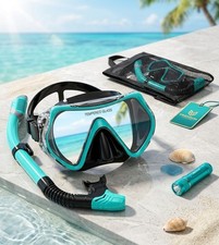 Premium Tempered Glass Snorkel Mask Snorkel Set Turquoise/Black Mesh Bag