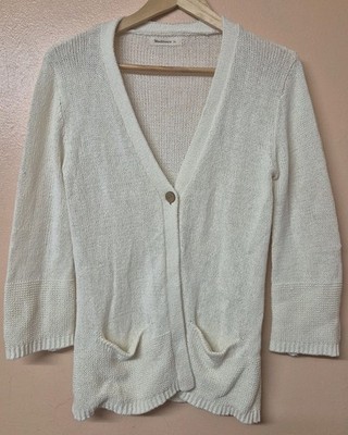 Woolovers Strickjacke elfenbein gewebt Baumwolle Leinen Knopfverschluss Taschen Gr. XS