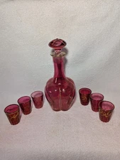 MCM Gold Cranberry Red Bohemian Glass Decanter Set w/6 glasses Barware VTG