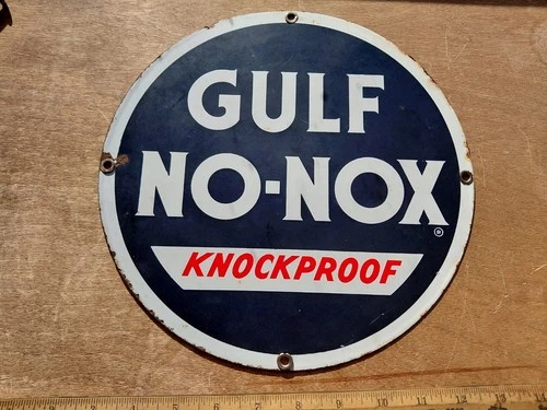 Vintage Gulf No Nox Knockproof Pump Plate Porcelain Sign 10.5" NIce