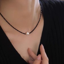 Lovely Natural 3mm Faceted Black Spinel White Pearl Gems Round Beads Necklace