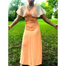 Vintage 70s Peach Crepe Maxi Gown Dress with Sheer Cape Flutter Sleeves SMALL