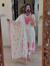 Fashionable Roman Cotton Silk Salwar Kameez With White Dupatta For Wedding Wear