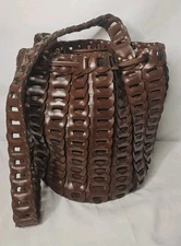 ​Bohemian Dark Brown Interlocking Leather Handbag Retro Basket Weave Bucket Bag