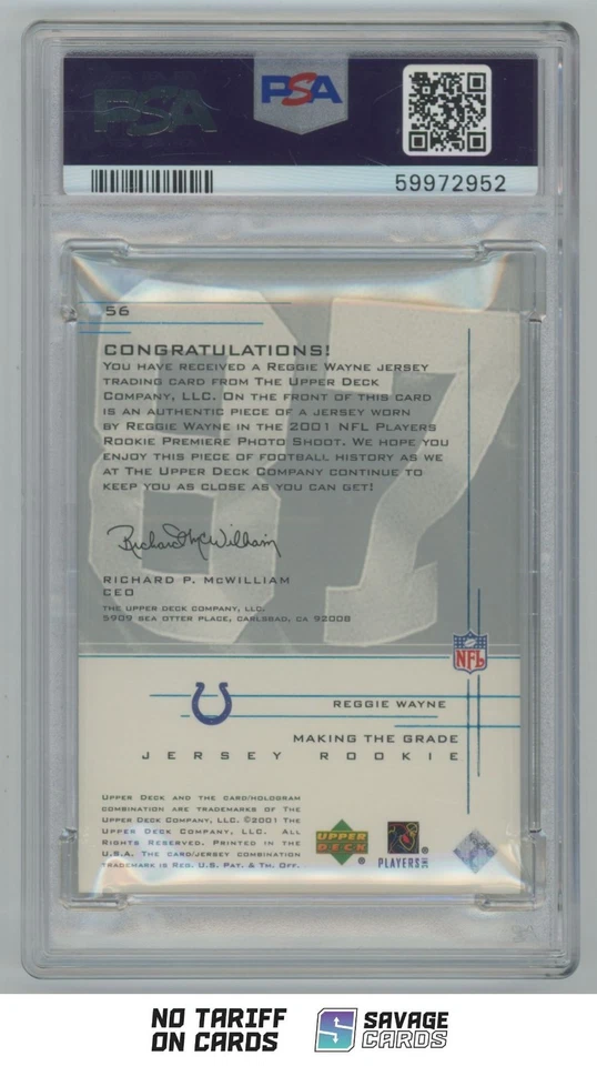 2001 Upper Deck UD Graded Jersey Rookie Reggie Wayne PSA 9 /750 #56 Indianapolis - Image 2 of 3