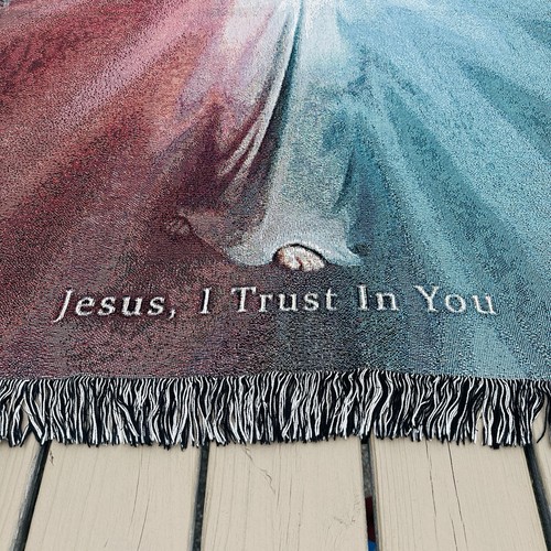 Christian Tapestry Throw Blanket 55x40 Divine Mercy Jesus I Trust In You Fringed - Picture 2 of 13
