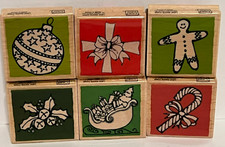 6 Christmas themed wood rubber stamps NEW