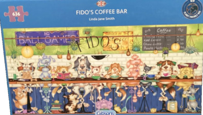 Gibsons 636 pc Fido's Coffee Bar by Linda Jane Smith Jigsaw Puzzle Rare