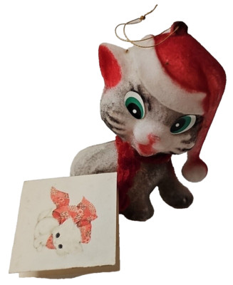 VTG Hallmark Flocked Cat MCM Christmas Elf Big Eyes Ornament Santa Tag Kitschy 