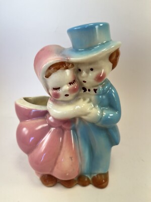 Vintage Glazed Ceramic Dancing Couple Planter Pastel Colors