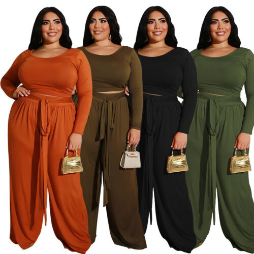 2 Piece African Women Set Long Sleeve Crop Tops Wide Leg Pants Tracksuit Outfits - Picture 1 of 34