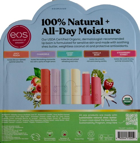 EOS Bio Lippenbalsam Juicy Peach Kamille Minze Vanille Erdbeere, 9er Pack - Bild 2 von 2