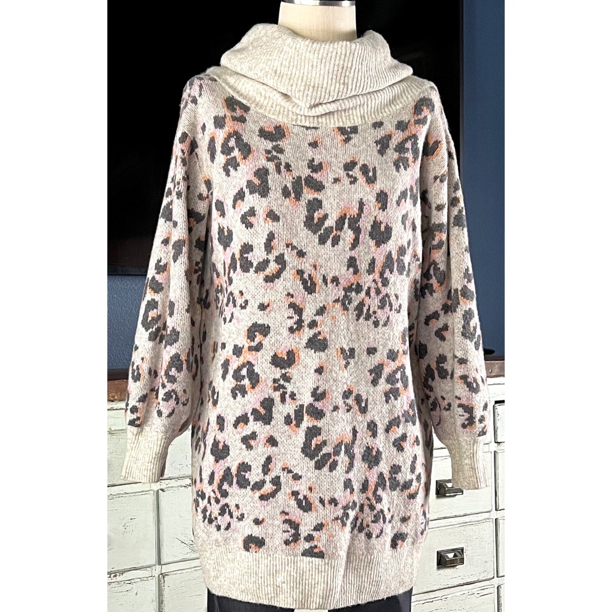 NWT New $168 Anthropologie Emma Grey Cowl Neck Leopard Animal
