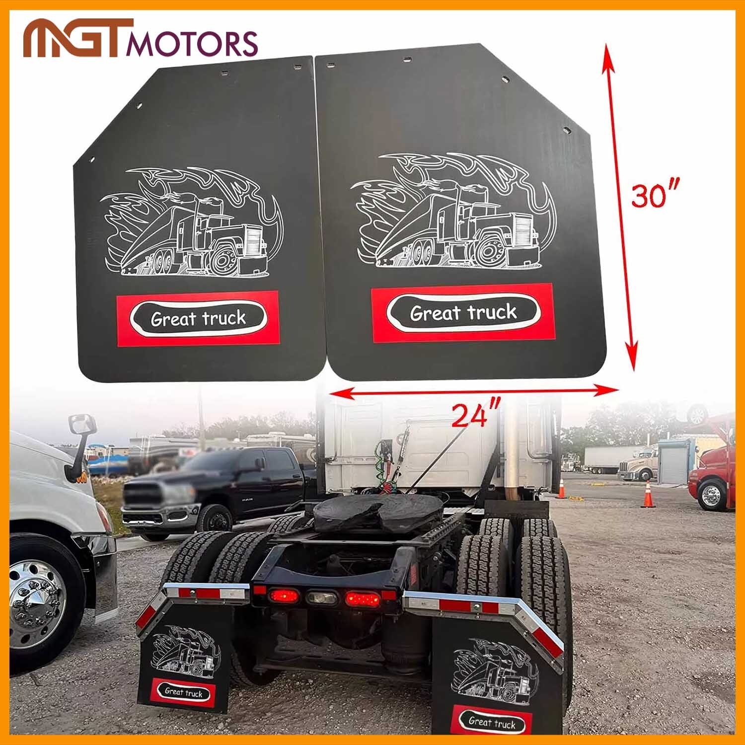 24x30 Angled Black Semi Truck Mud Flaps with Great Truck Pattern Splash Guard