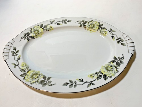 VTG SILVER RIM Oval Serving Platter 12.5" Narumi China YELLOW ROSE MADE IN JAPAN