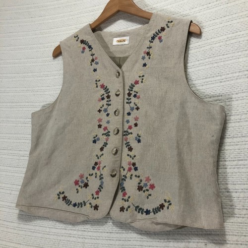 Talbots Women's Tan and Cream Gilet with Floral Embroidery Size Large