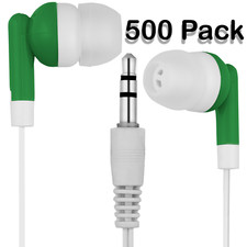 Bulk Wholesale Lot of 500 Green/White 3.5mm Earbuds - Individually Bagged