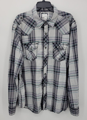 BKE Buckle Shirt Mens XL Black Gray Plaid Pearl Snap Western Rockabilly Pockets